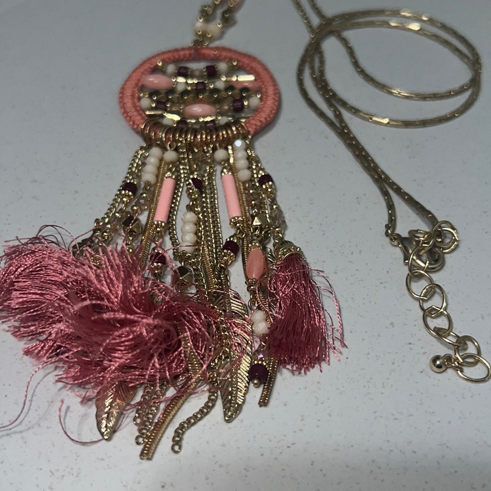 Coral Tonal Beaded Tassel Necklace